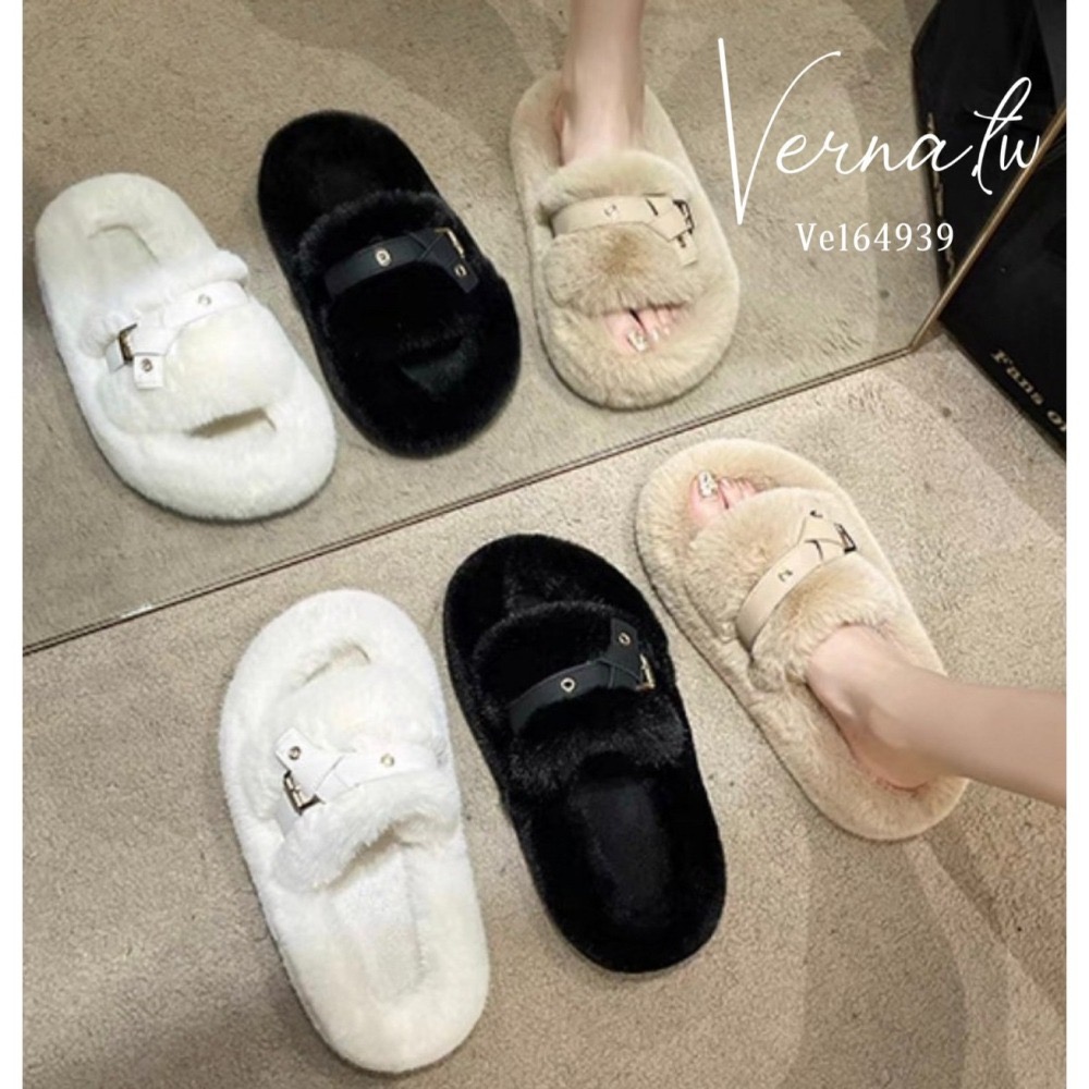 秋冬搭配‘  視覺皮帶設計毛感拖鞋-細節圖2