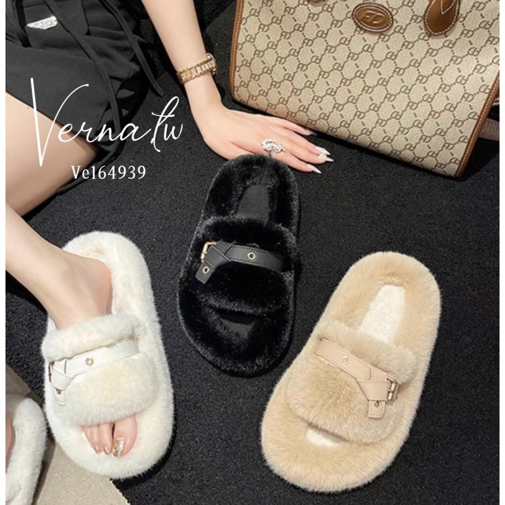 秋冬搭配‘  視覺皮帶設計毛感拖鞋-細節圖3