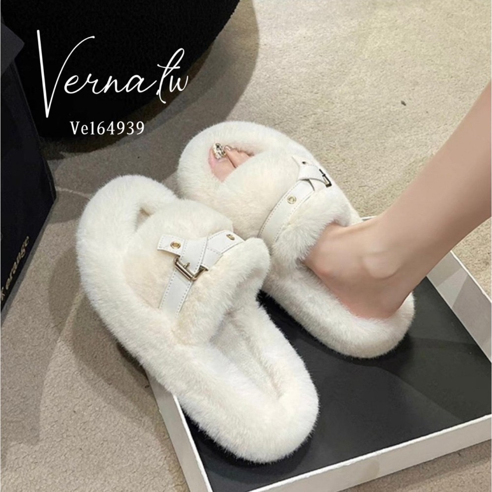 秋冬搭配‘  視覺皮帶設計毛感拖鞋-細節圖4