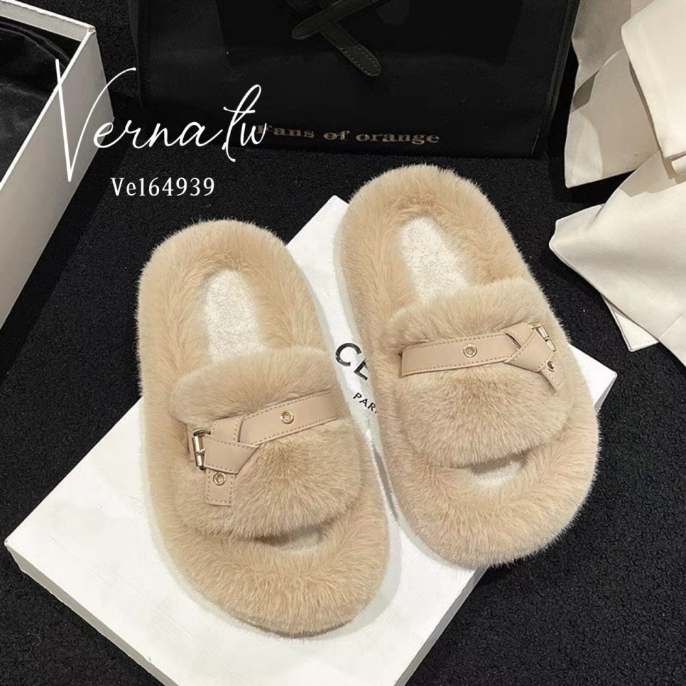 秋冬搭配‘  視覺皮帶設計毛感拖鞋-細節圖6