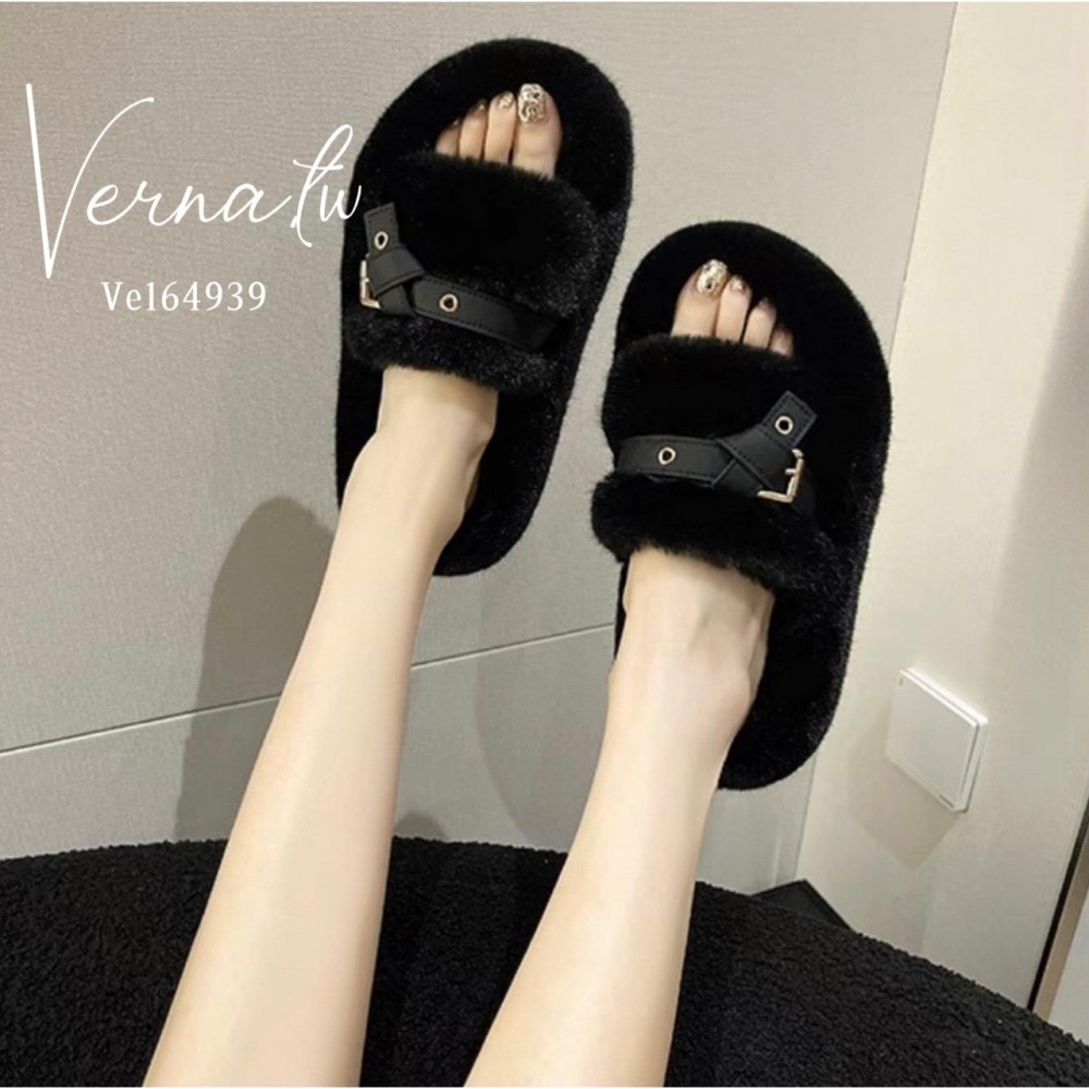 秋冬搭配‘  視覺皮帶設計毛感拖鞋-細節圖8