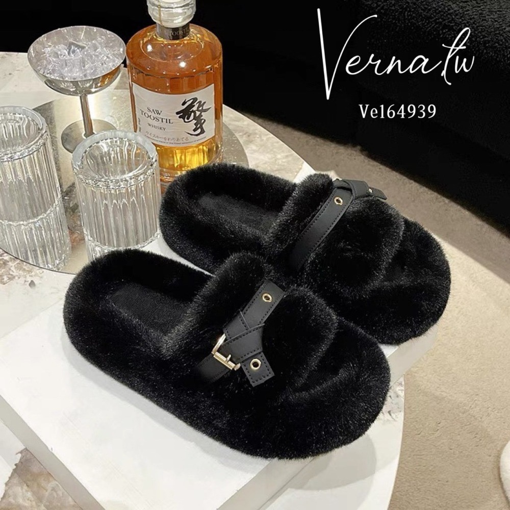 秋冬搭配‘  視覺皮帶設計毛感拖鞋-細節圖9