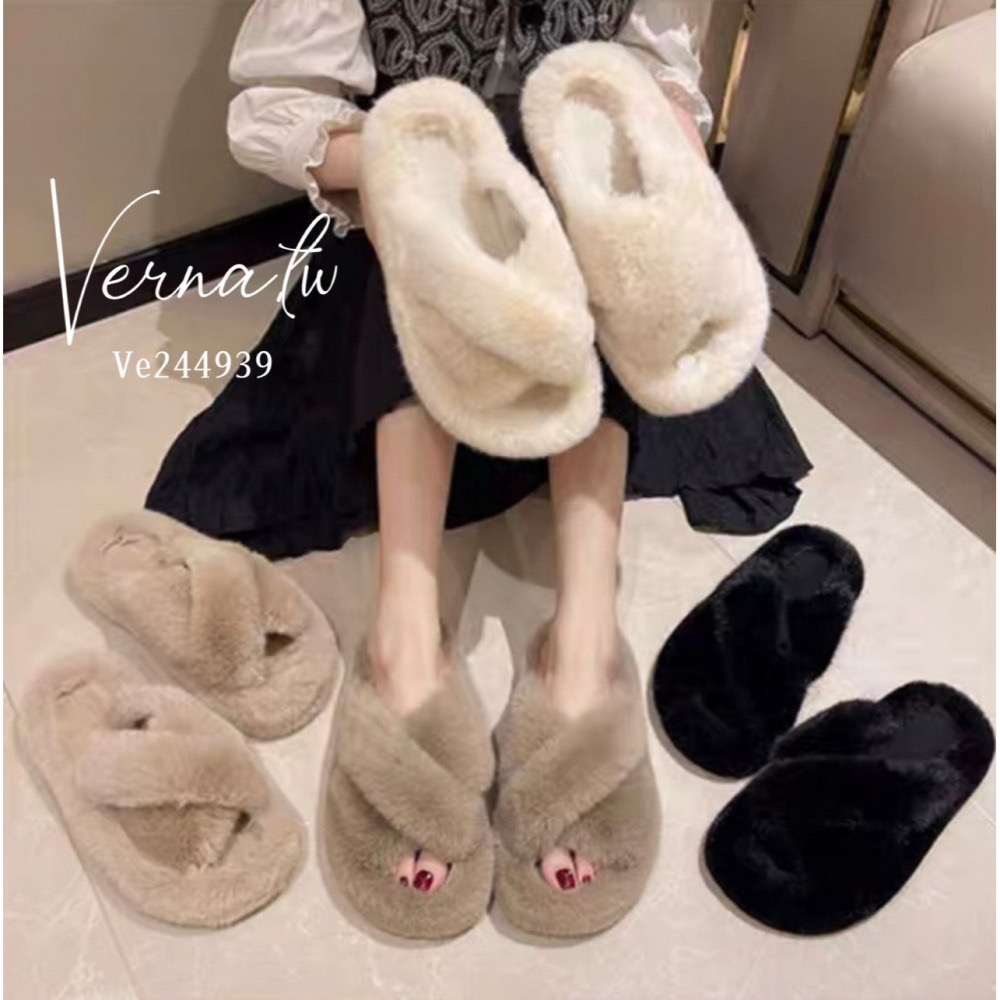 秋冬搭配‘  毛毛交叉毛感拖鞋-細節圖2