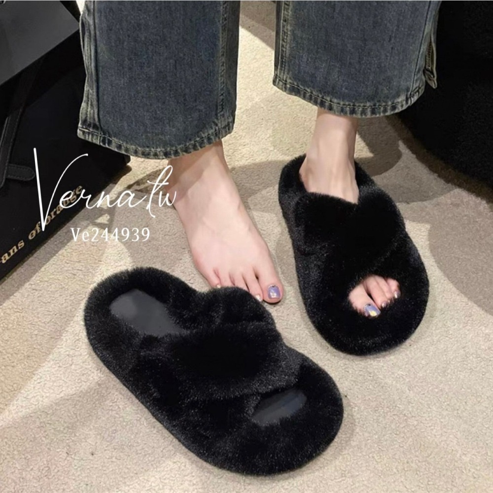 秋冬搭配‘  毛毛交叉毛感拖鞋-細節圖4