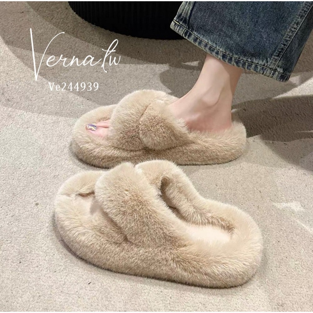 秋冬搭配‘  毛毛交叉毛感拖鞋-細節圖6