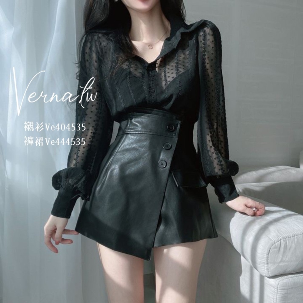 秋季首選‘  微透立體花泡泡袖襯衫+皮褲裙-細節圖2