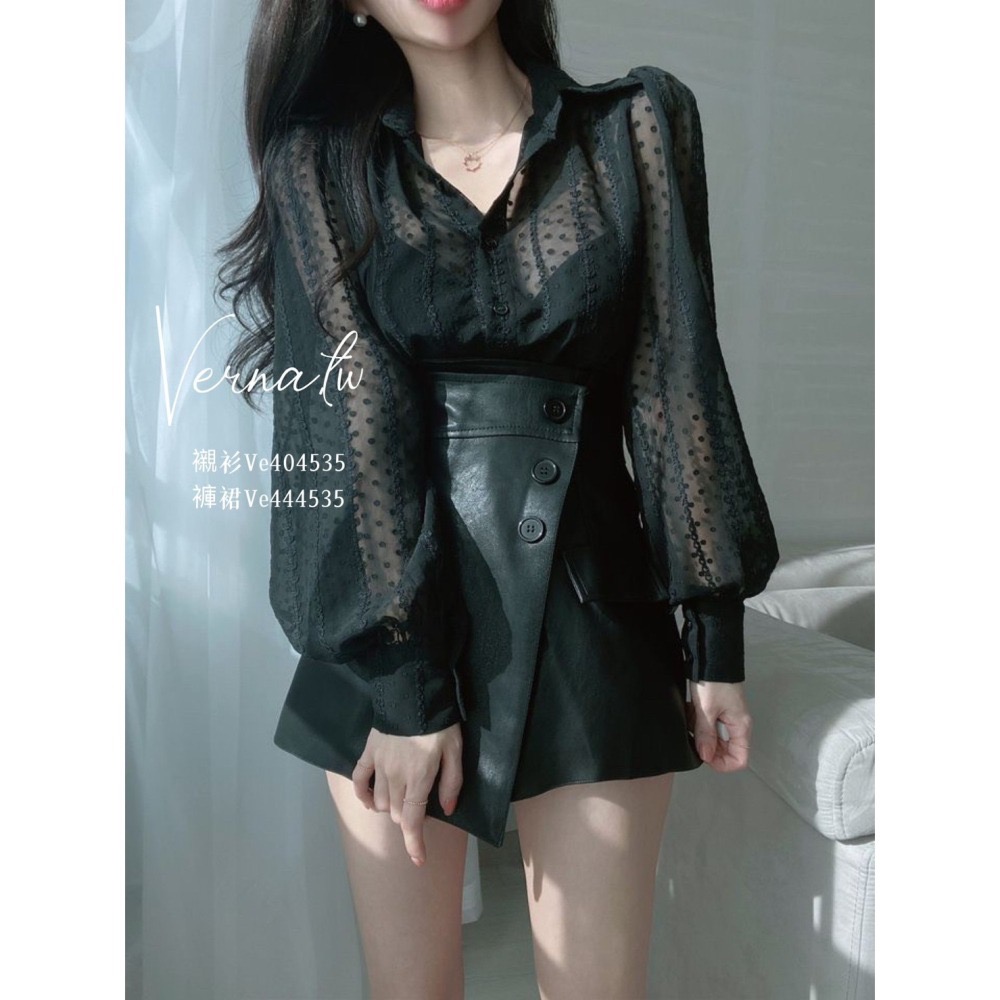 秋季首選‘  微透立體花泡泡袖襯衫+皮褲裙-細節圖4