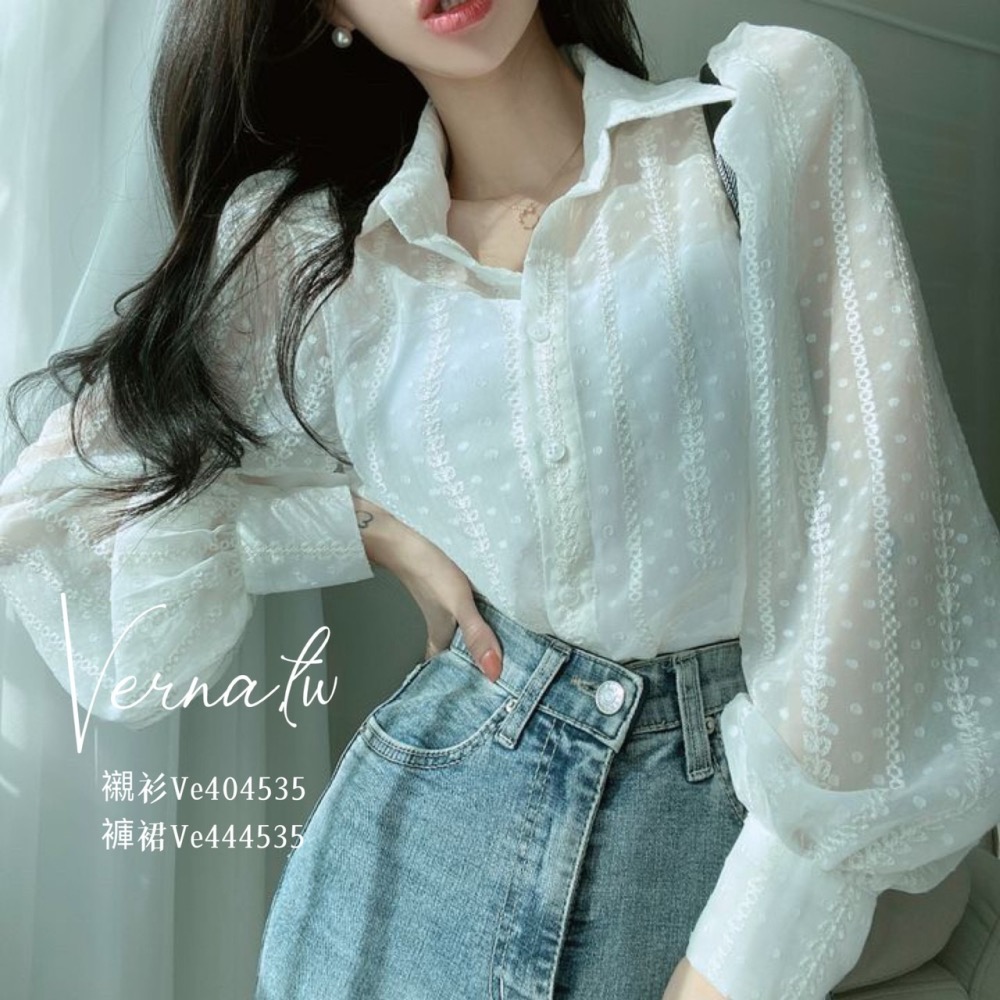 秋季首選‘  微透立體花泡泡袖襯衫+皮褲裙-細節圖9