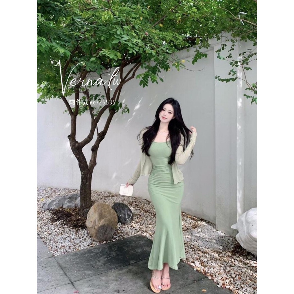 秋季首選‘  牛油果奶綠開衫+魚尾連身裙-細節圖2