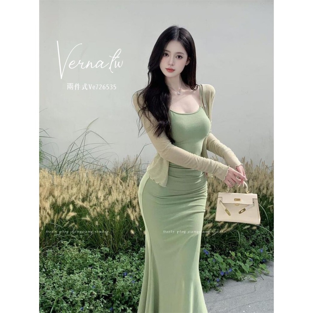 秋季首選‘  牛油果奶綠開衫+魚尾連身裙-細節圖3