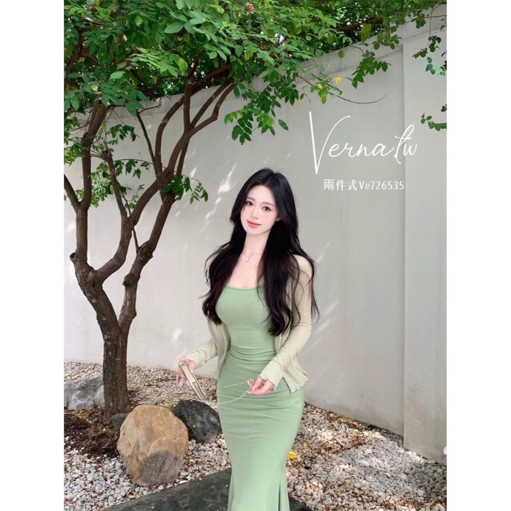 秋季首選‘  牛油果奶綠開衫+魚尾連身裙-細節圖5