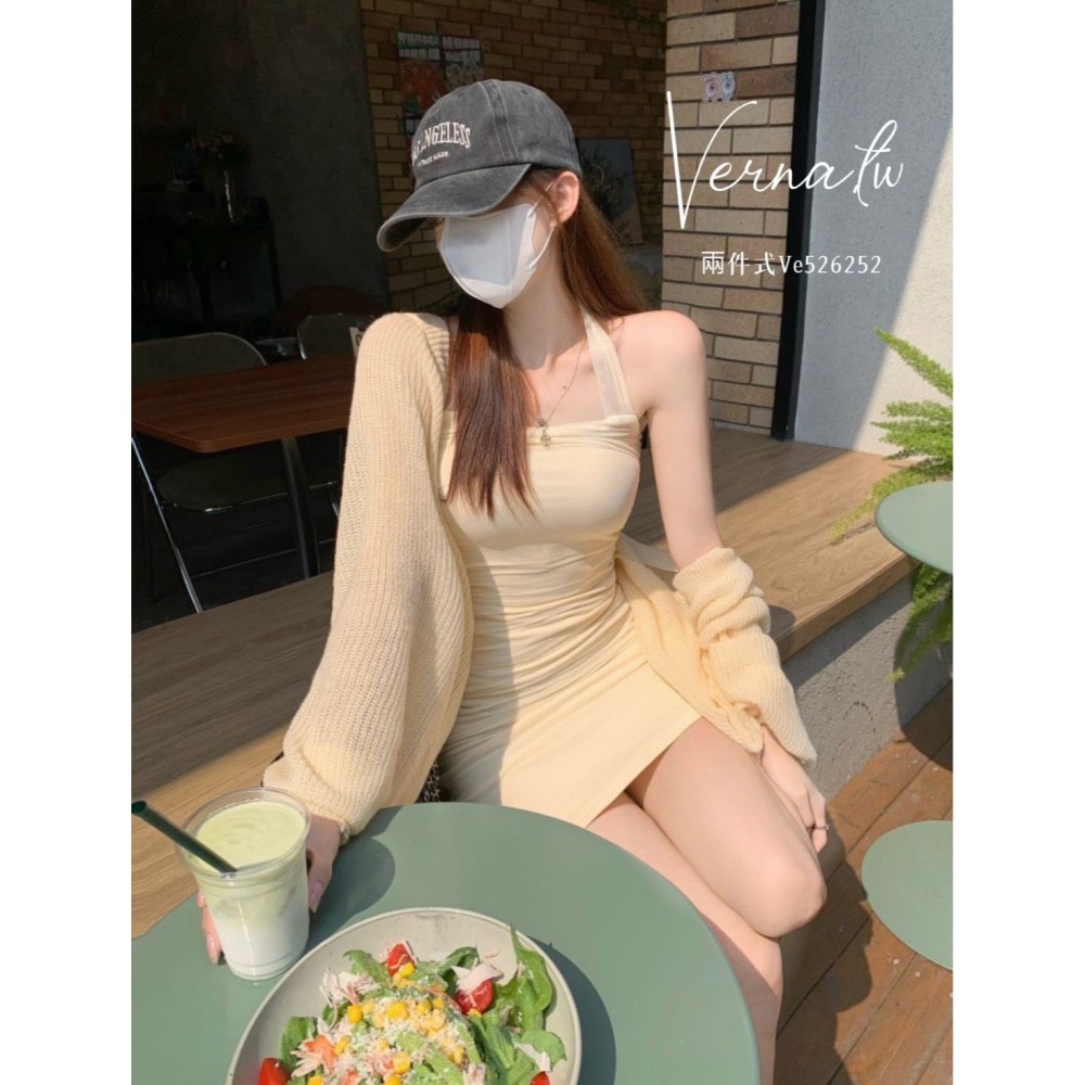 秋季嚴選‘  奶杏針織開衫+綁帶連身裙-細節圖4