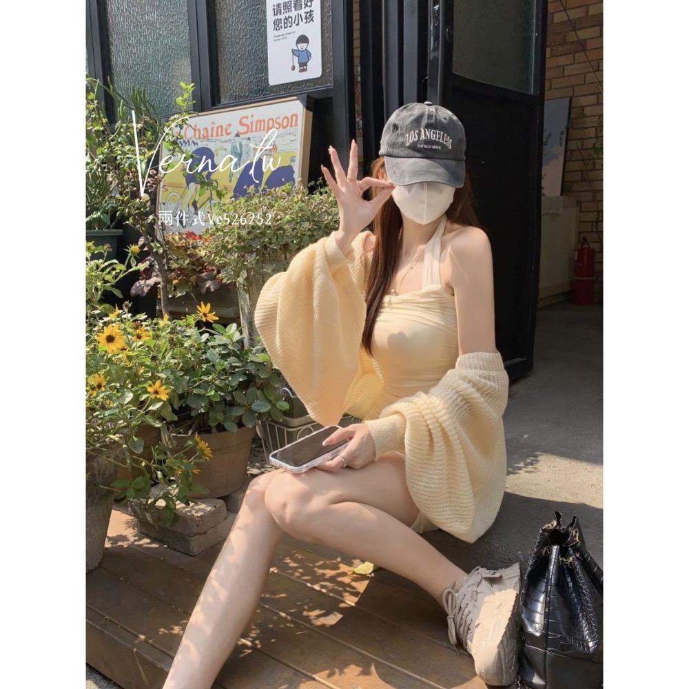 秋季嚴選‘  奶杏針織開衫+綁帶連身裙-細節圖7