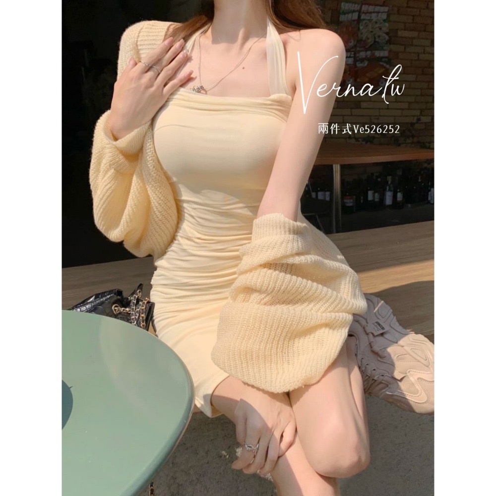 秋季嚴選‘  奶杏針織開衫+綁帶連身裙-細節圖8