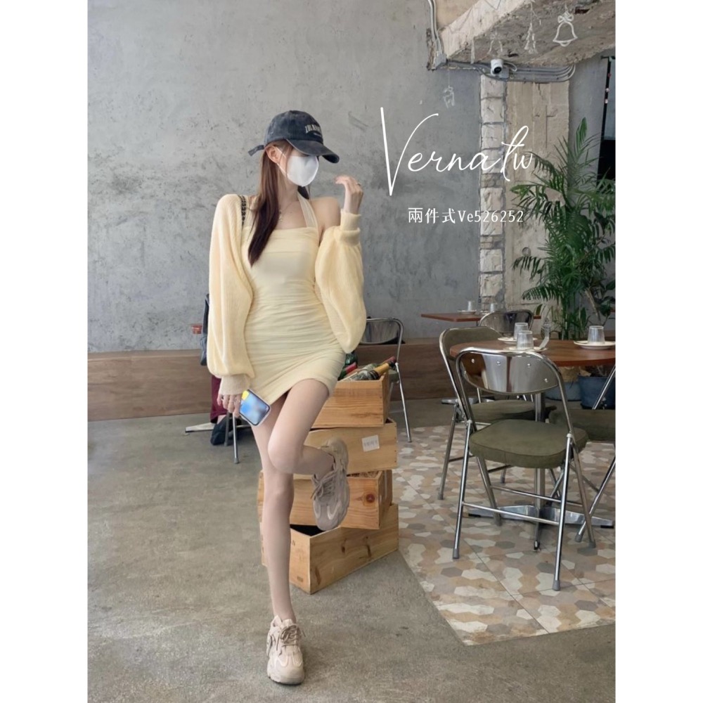 秋季嚴選‘  奶杏針織開衫+綁帶連身裙-細節圖9