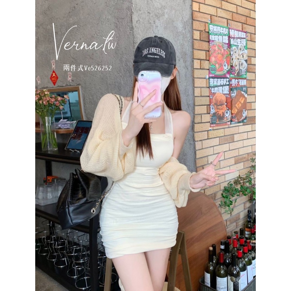 秋季嚴選‘  奶杏針織開衫+綁帶連身裙-細節圖10