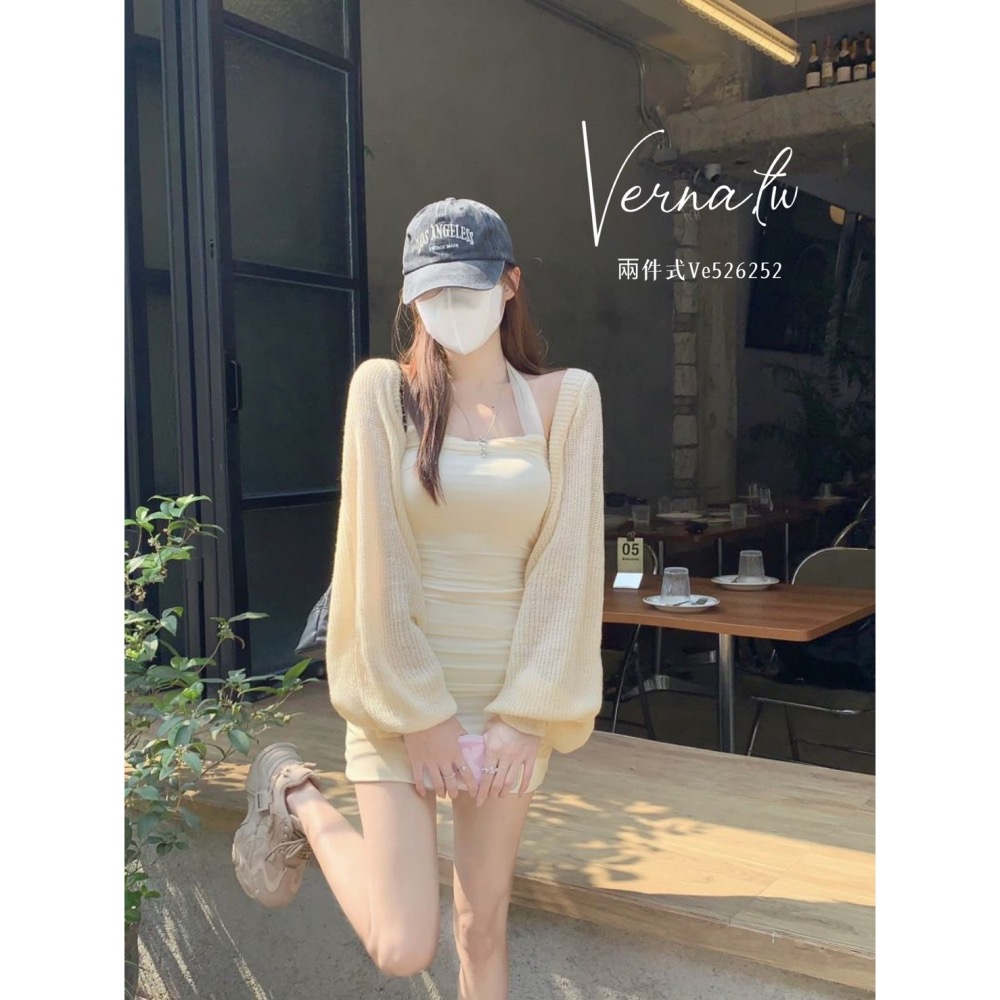 秋季嚴選‘  奶杏針織開衫+綁帶連身裙-細節圖11