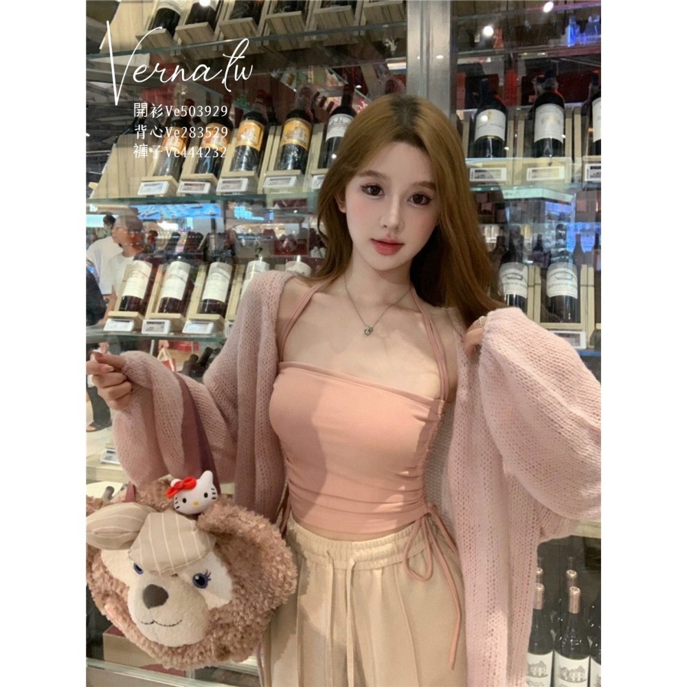 秋季嚴選‘  甜美粉開衫+掛脖背心+闊腿褲-細節圖4