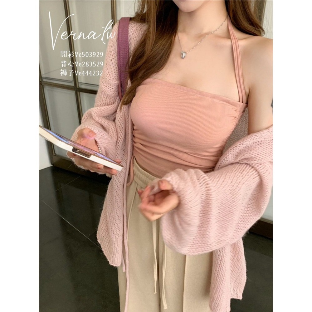 秋季嚴選‘  甜美粉開衫+掛脖背心+闊腿褲-細節圖5