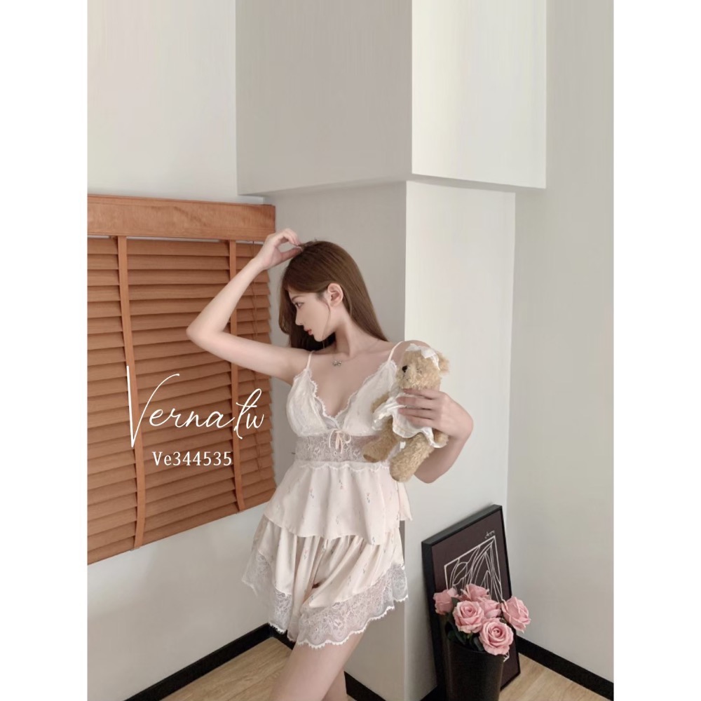 自帶胸墊‘冰絲奶黃小碎花睡衣-細節圖6