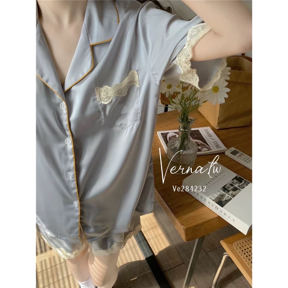 高級感‘法式灰藍冰絲睡衣-細節圖2