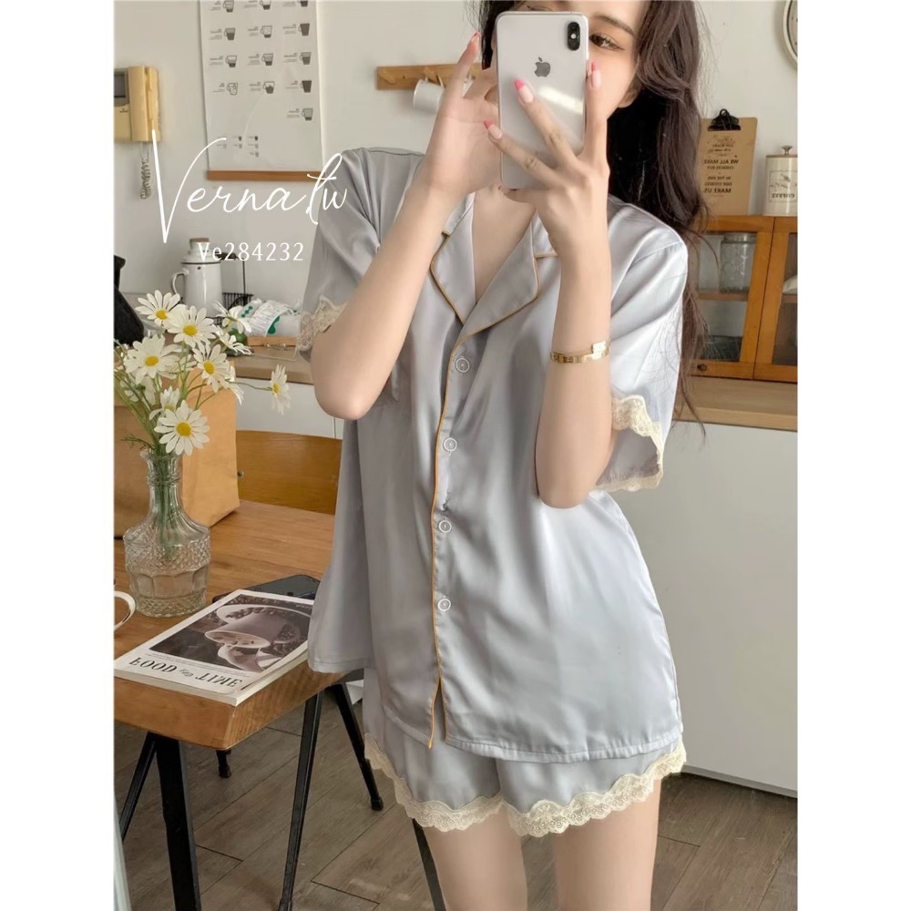 高級感‘法式灰藍冰絲睡衣-細節圖3