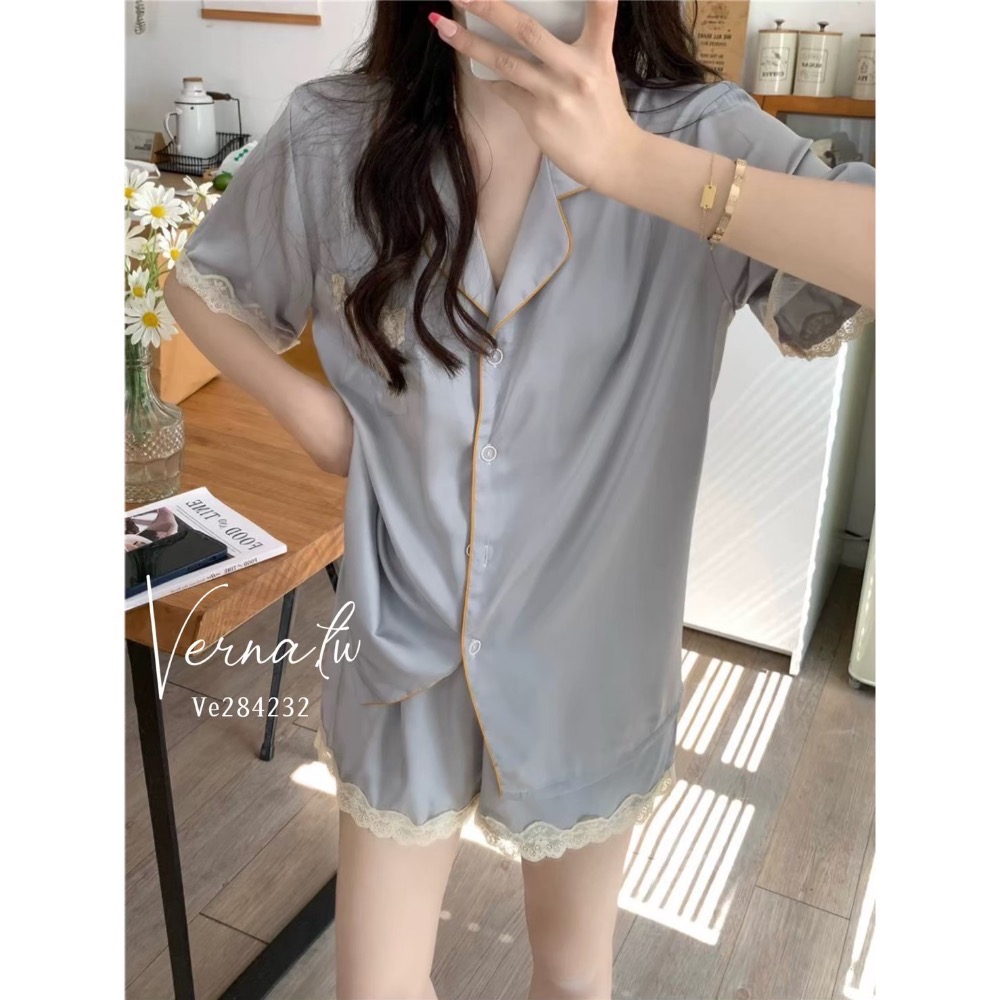 高級感‘法式灰藍冰絲睡衣-細節圖5