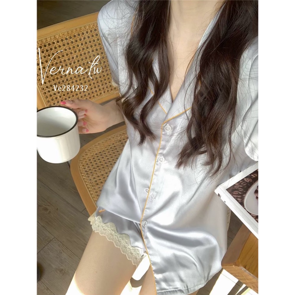 高級感‘法式灰藍冰絲睡衣-細節圖6