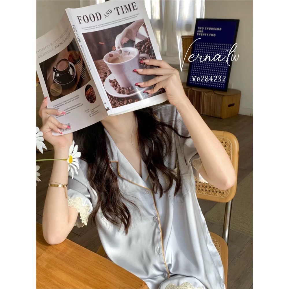 高級感‘法式灰藍冰絲睡衣-細節圖7