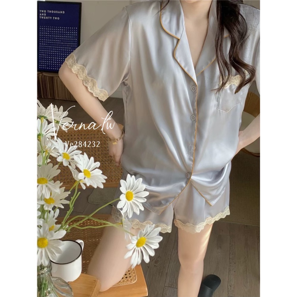 高級感‘法式灰藍冰絲睡衣-細節圖8