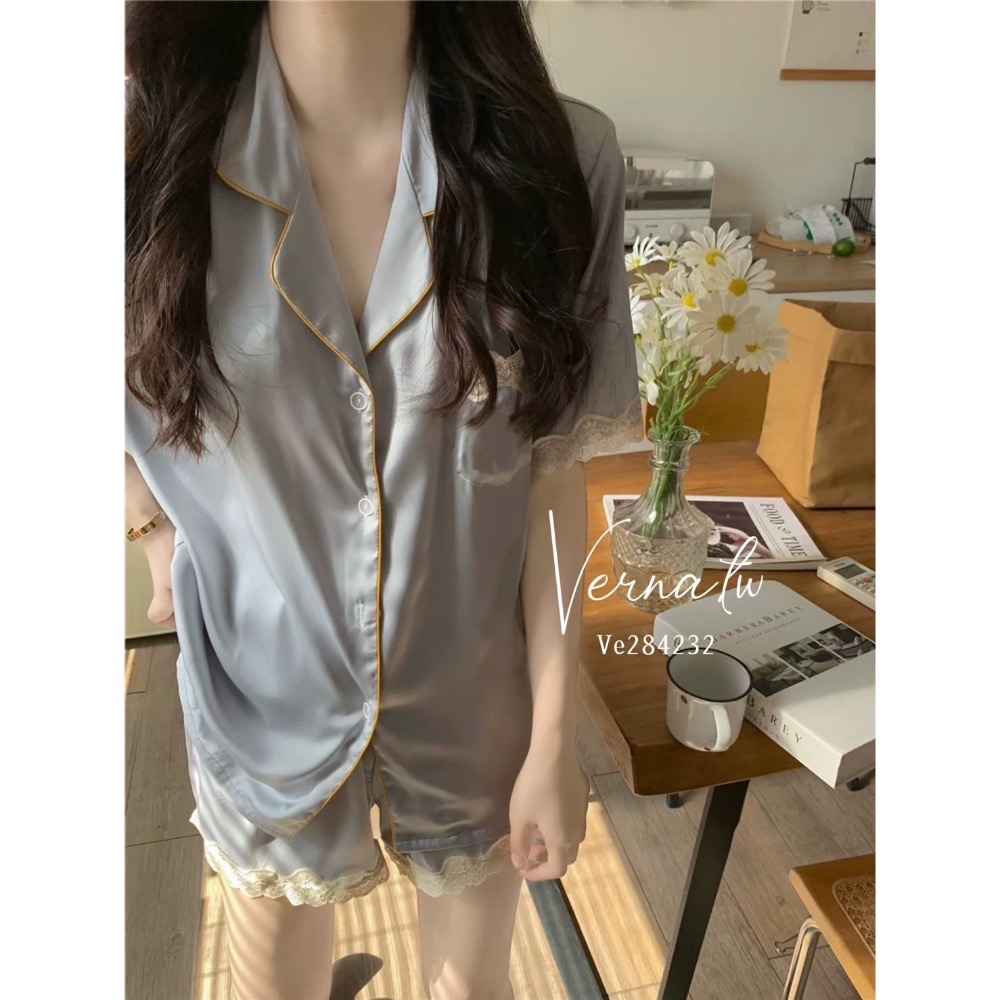 高級感‘法式灰藍冰絲睡衣-細節圖9