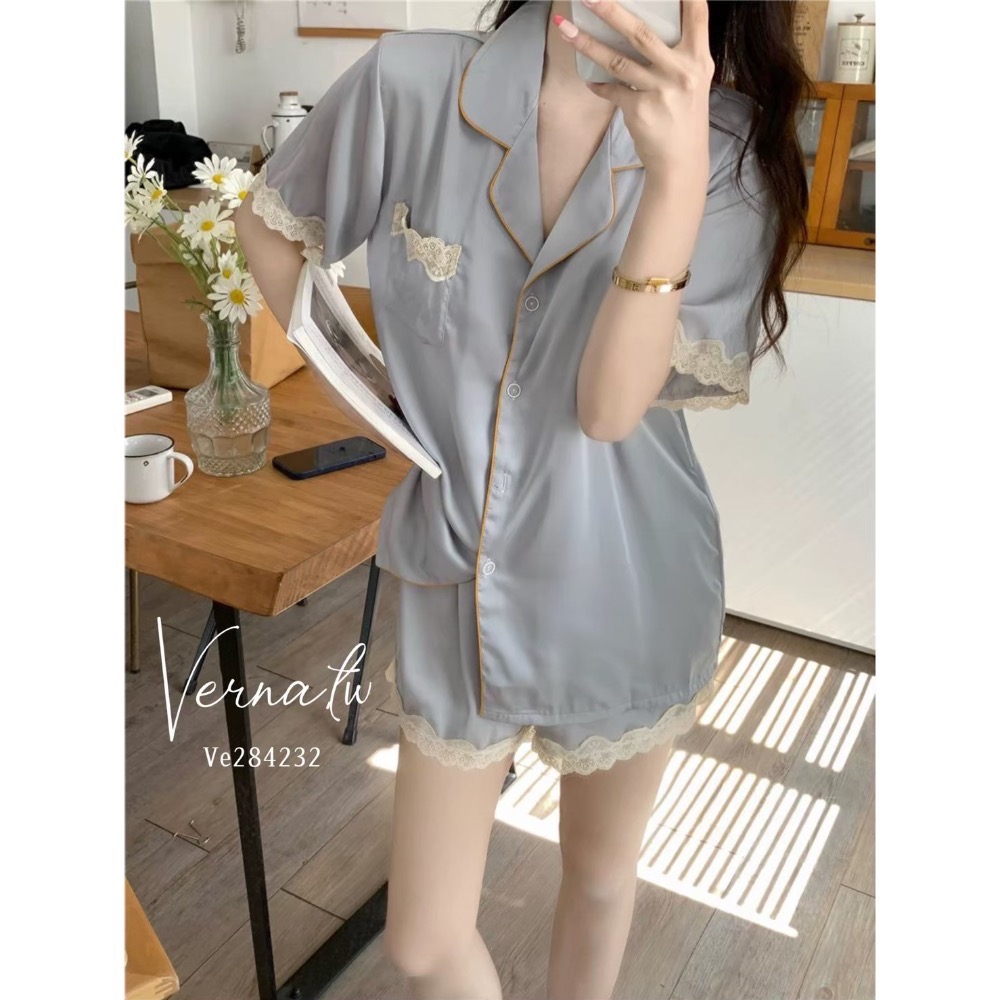 高級感‘法式灰藍冰絲睡衣-細節圖10