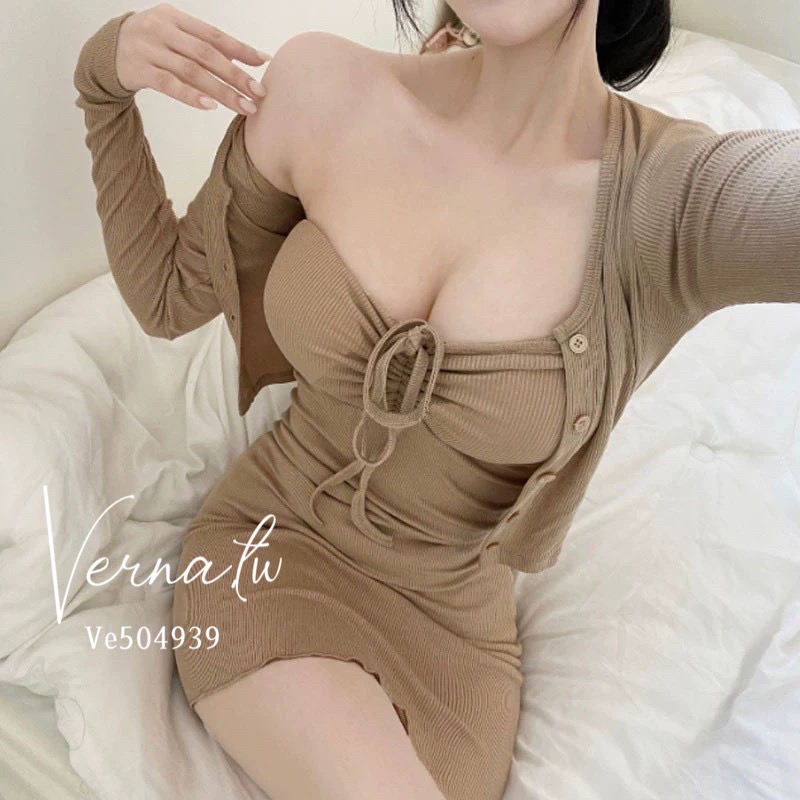 質感曲線胸墊洋裝+小開衫-細節圖5