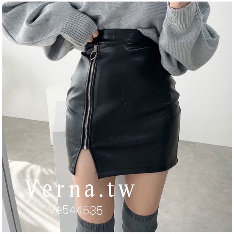 顯瘦氛圍開衩拉鍊皮裙-細節圖3