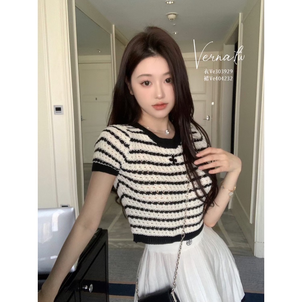 刺繡黑白條紋上衣+精美白裙-細節圖9