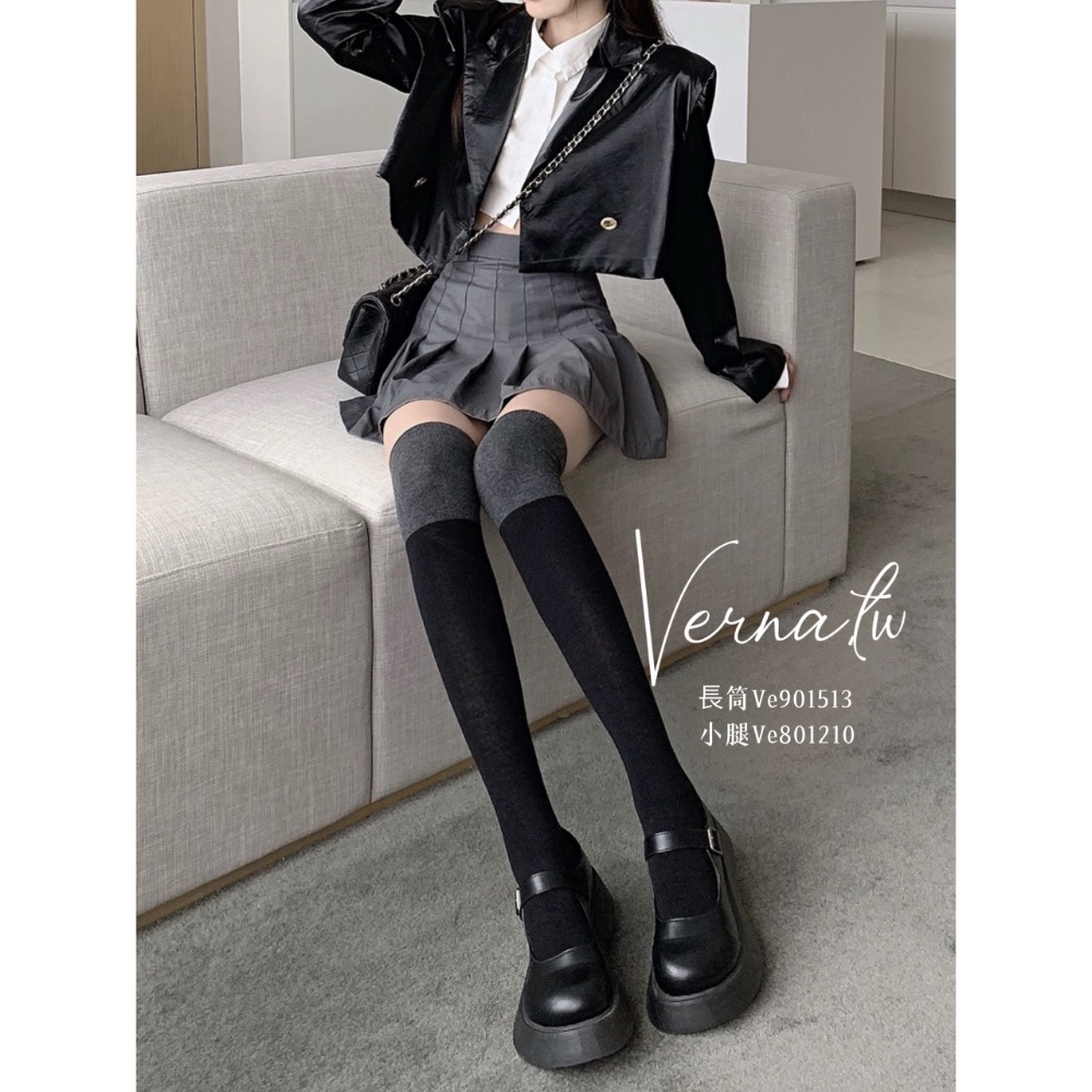 黑灰撞色拼接長筒/小腿襪-細節圖3