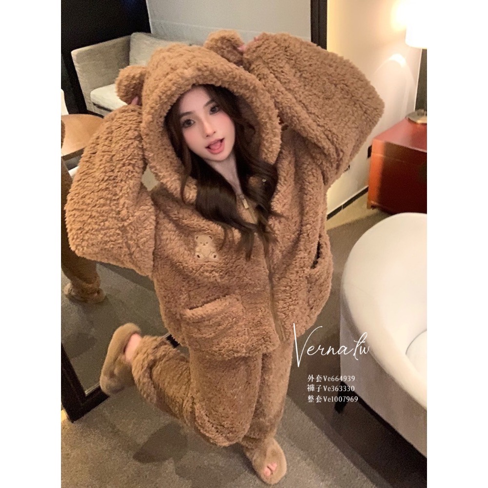 暖糯毛絨熊熊羊羔絨睡衣套裝-細節圖3