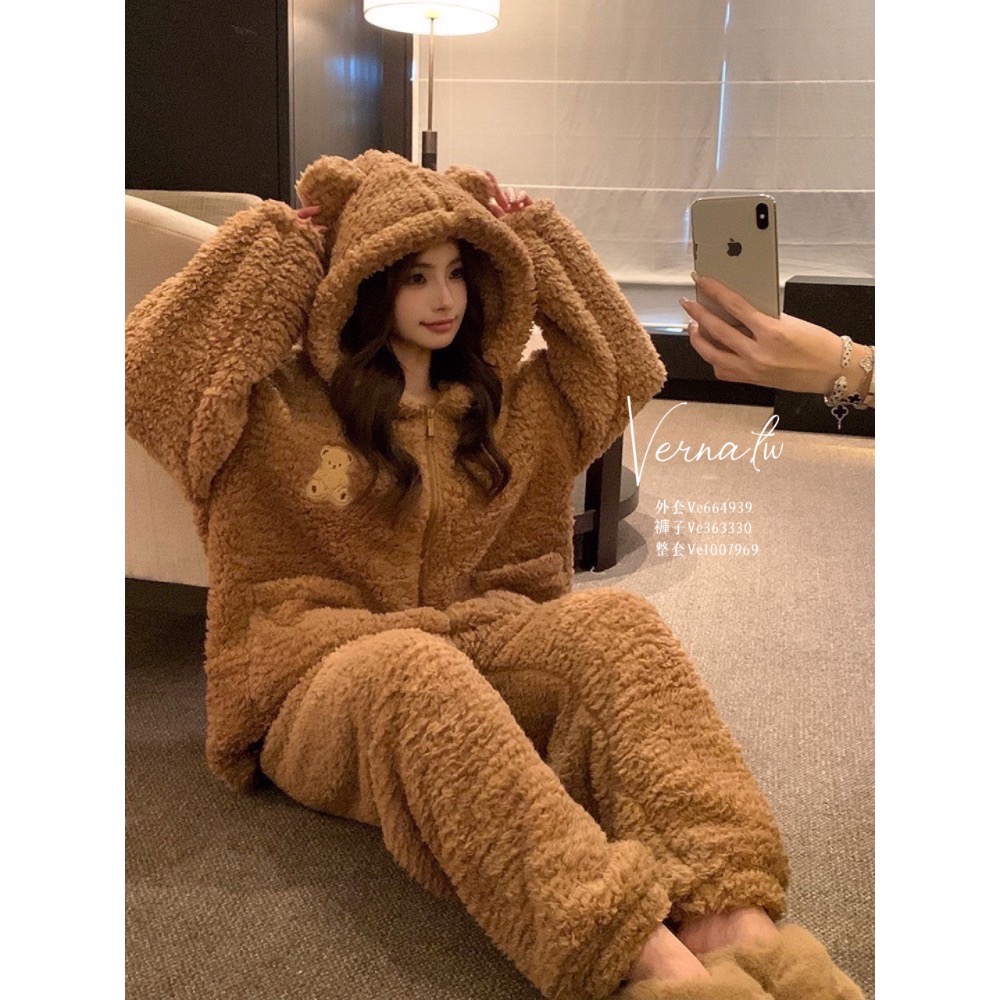 暖糯毛絨熊熊羊羔絨睡衣套裝-細節圖4