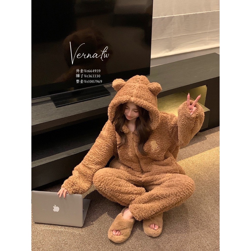 暖糯毛絨熊熊羊羔絨睡衣套裝-細節圖7