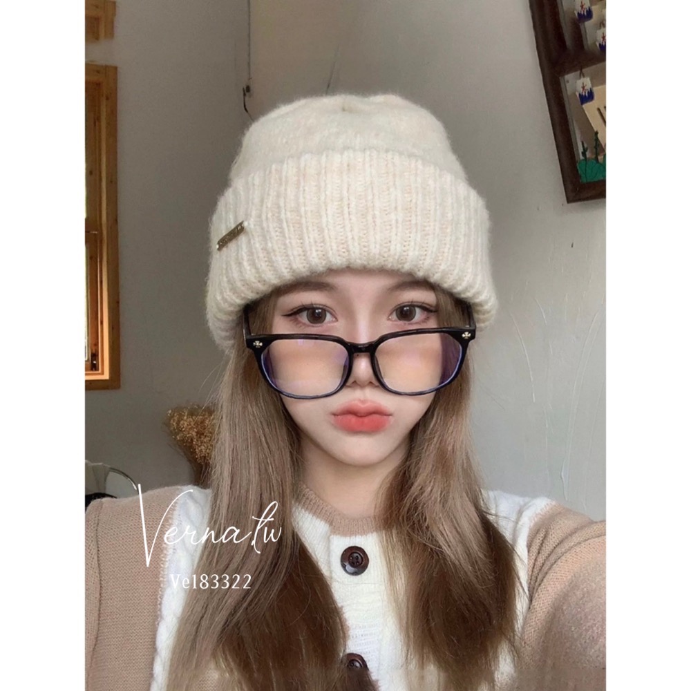 奶杏金屬標堆堆毛線帽-細節圖2