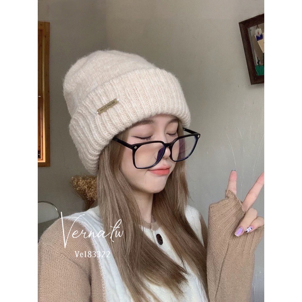 奶杏金屬標堆堆毛線帽-細節圖3