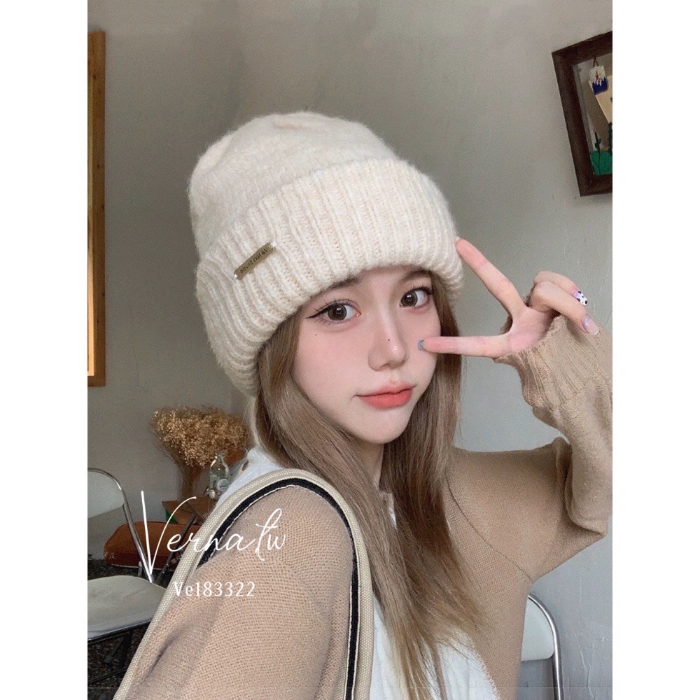 奶杏金屬標堆堆毛線帽-細節圖4