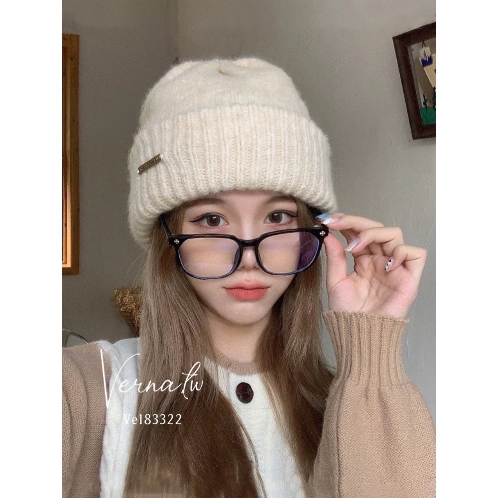 奶杏金屬標堆堆毛線帽-細節圖5