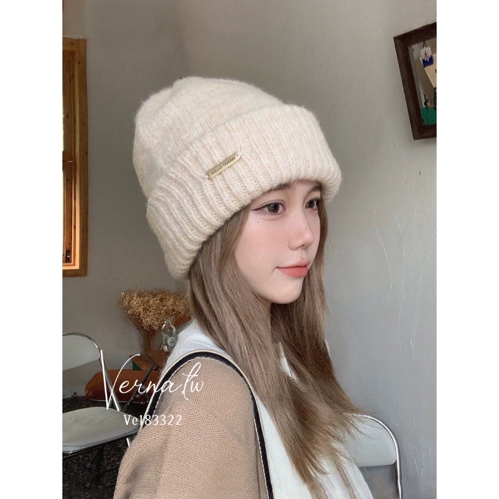 奶杏金屬標堆堆毛線帽-細節圖6