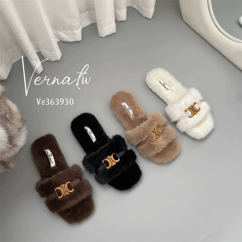 質感金屬字母毛毛一字拖鞋-細節圖2