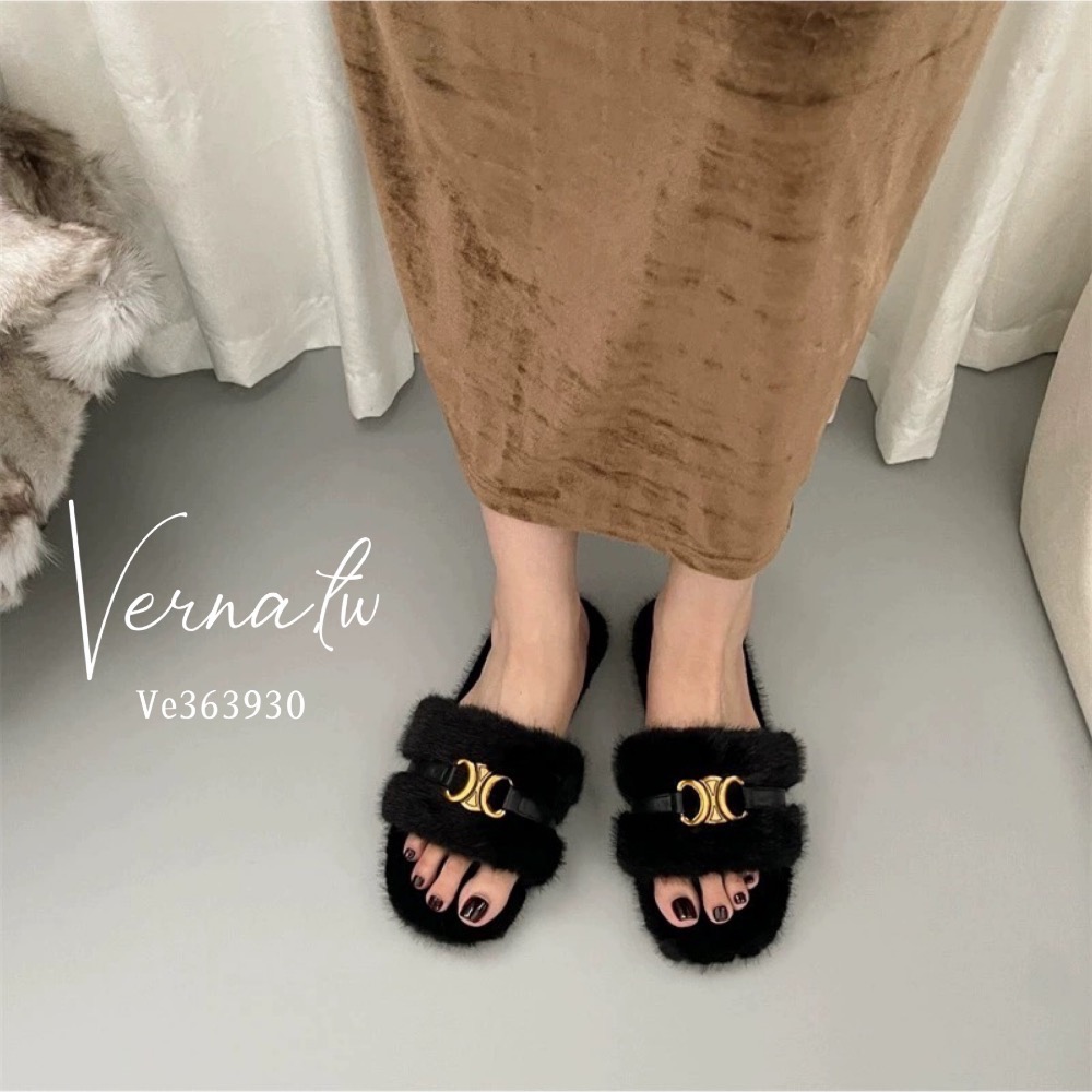 質感金屬字母毛毛一字拖鞋-細節圖5