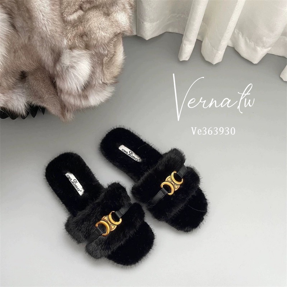 質感金屬字母毛毛一字拖鞋-細節圖6