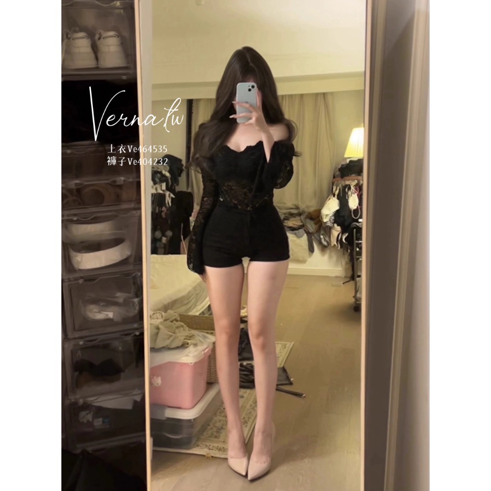 純欲蕾絲一字肩上衣+經典黑褲-細節圖3