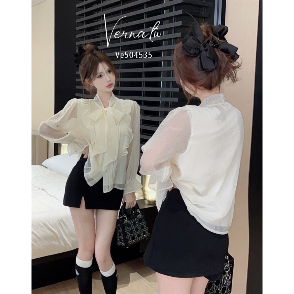 超美蝴蝶結綁帶雪紡襯衫-細節圖3