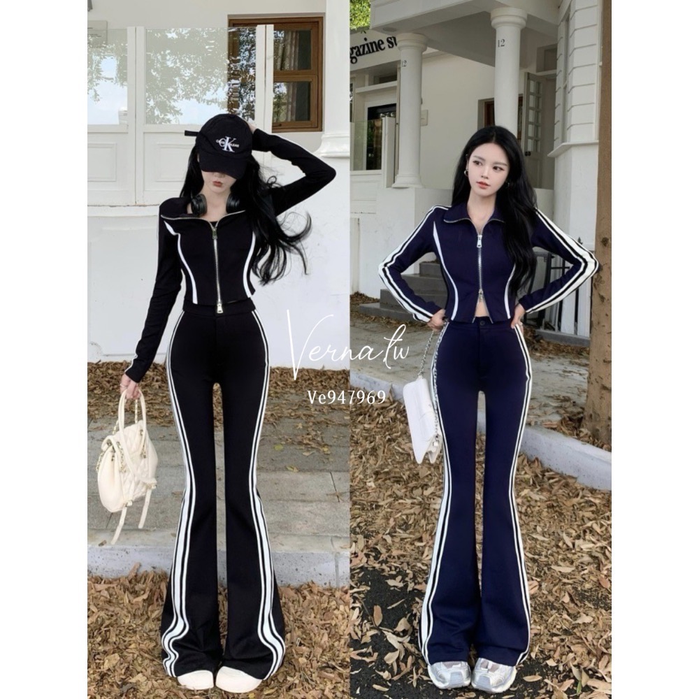 休閒翻領條紋拼接套裝-細節圖3